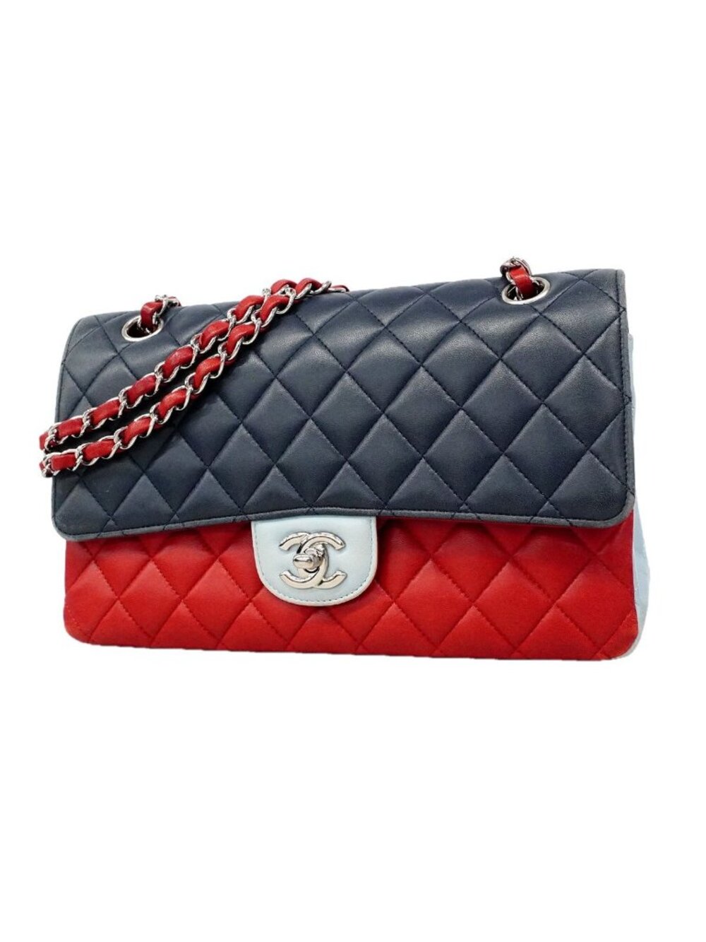 Chanel Shoulder Bag Quilted Lambskin Navy Blue Red Silver